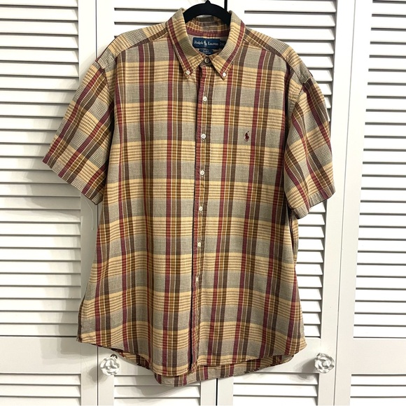Ralph Lauren Men’s Blake Button Down Shirt XL Tan Plaid Short Sleeve Cotton Fall - Picture 1 of 8